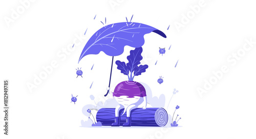 A Whimsical Illustration Of A Root Vegetable Enjoying A Rainy Day Under An Umbrella