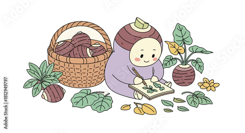 A Whimsical Illustration Of a Taro-Shaped Creature Sketching Nature's Beauty, Artistically