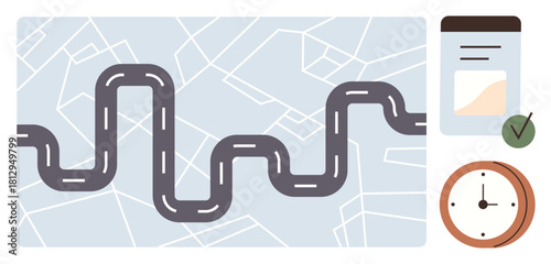 Curved road over map background with a document, completed checklist, and timer. Ideal for navigation, journey, planning, time management, goals, strategy progress tracking simple flat metaphor