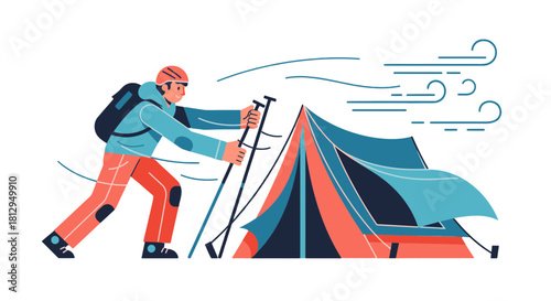 Adventurer Battles Strong Winds, Protecting Tent During Expedition Amidst Darkness