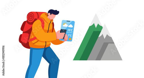 Adventurer Checking Weather Forecast With Mountains In The Background On Digital Device Display
