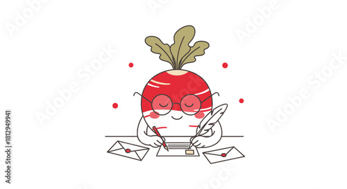 A Whimsical Radish Character Composing Letter Using a Quill on Black Background