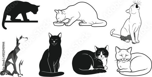 Diverse set of cat vector illustrations, featuring black silhouette, outline, abstract polygonal, sitting, eating, and meowing poses, perfect for pet care, animal, and veterinary concepts.
