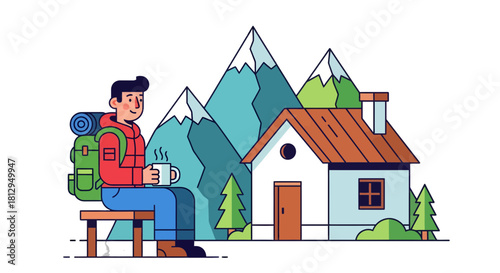 Adventurer Enjoying Warm Beverage Beside Mountain Cabin, Nature Illustration