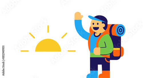 Adventurer Greeting The Sunrise With Backpack Ready To Explore New Horizons And Landscapes