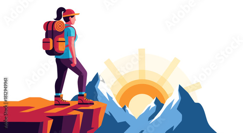 Adventurer Observing the Horizon Over Mountains Illuminated by the Sunset