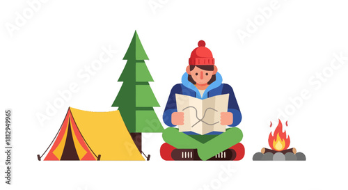 Adventurer Planning Campfire Trip Under Starry Night Sky While Reading Map