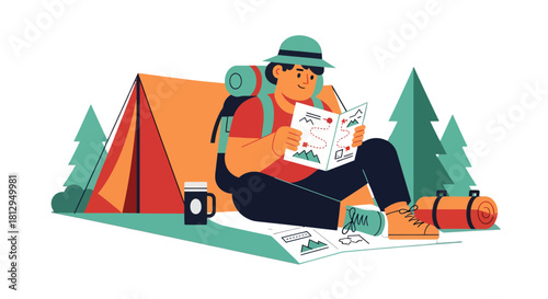 Adventurer Planning Exploration: A Digital Illustration Depicting Wilderness Journey