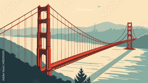 Golden gate bridge in a picturesque cityscape within golden light, harmonized with natures beauty. Perfect for travel brochures and websites.