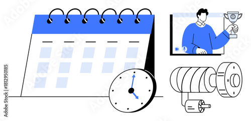 Calendar, clock, video call with trophy presentation, and mechanical gears. Represents time management, virtual achievement, teamwork, scheduling planning productivity and efficiency. Ideal