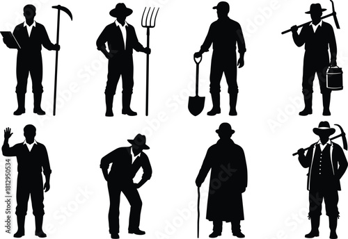 Farmers and Agricultural Workers Silhouettes Vector Set, Men Posing with Farming Tools like Shovel, Pitchfork, and Scythe, Rural Occupation, Agriculture, and Harvest Labor Illustration, Isolated.