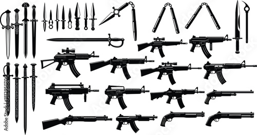 Firearms and Close Combat Weaponry Silhouettes Vector Set, Automatic Rifles, Shotguns, Long Swords, Daggers, and Nunchaku Sticks, Military, Tactical, and Security Equipment Graphic, Isolated.