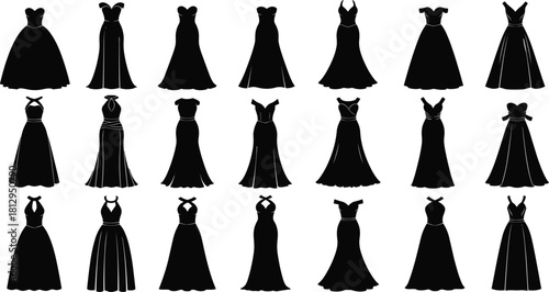 Extensive collection of beautiful formal evening and wedding dress silhouettes vector set, featuring various elegant women's gowns for fashion design, apparel, and bridal concepts.