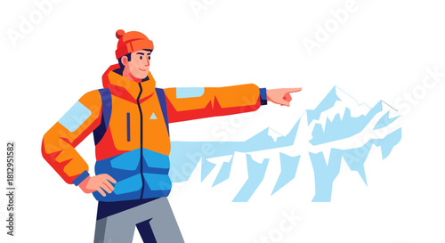 Adventurer Pointing Towards Majestic Mountains Ready to Conquer Challenging Peaks and New Horizons