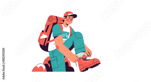 Adventurer Prepares For The Journey, Lacing Up Boots Ready For Trekking And Exploration