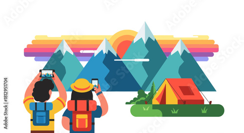 Adventurers Hiking and Taking Photos in Front of Majestic Mountain Scenery at Sunset