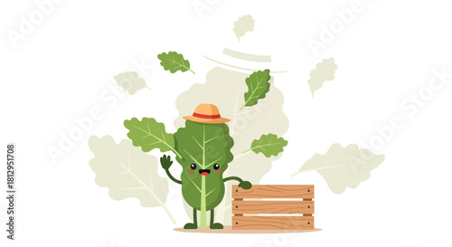 Animated Leafy Food Character with a Crate and Sombrero Facing Right Against Black Background