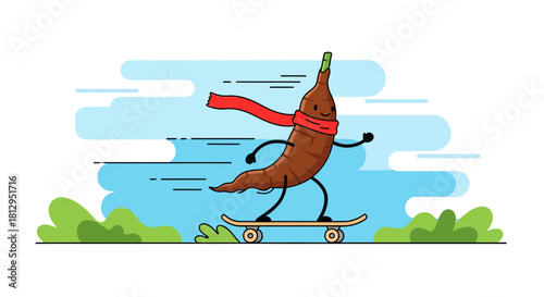 Adventuresome Cassava Root Cartoon Character Skateboarding with a Stylish Scarf