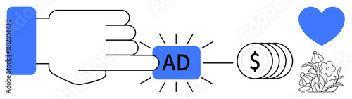 Hand pressing ad button with glowing effect connected to money, growth symbolized by flowers, and heart for care. Ideal for marketing, advertising, business profit, digital campaigns, ROI
