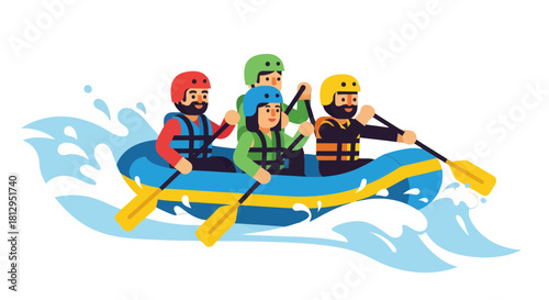 Adventuresome People Rafting Inflatable Boat Rapids Vector Illustration Across Black