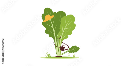 Animated Lettuce Gardening With a Hat Illustration On Black Background