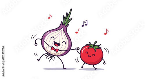 Animated Onion And Tomato Duo Dancing Together Delightfully In A Joyful Manner