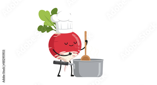 Animated Radish Chef Enthusiastically Preparing Delicious Cuisine In A Steaming Pot