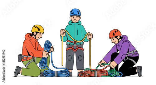 Adventurous Climbers Preparing Ropes and Gear for a Thrilling Mountain Expedition