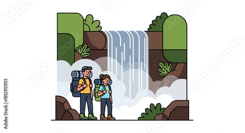 Adventurous Couple Backpacking Near a Mesmerizing Waterfall in a Verdant Landscape