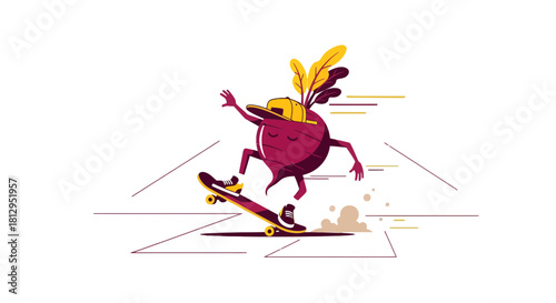 Animated Radish Skater Doing Cool Tricks, A Vibrant Illustration On Black Background