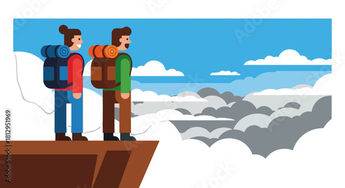 Adventurous Couple Observing Scenic Cloudy Mountain Vista in Flat Illustration Style