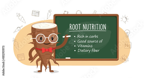 Animated Root Explaining Nutritional Information on Blackboard with Healthy Eating