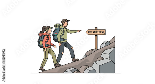 Adventurous Couple Hikes Mountain Trail Toward Wilderness Expedition Destination Destination