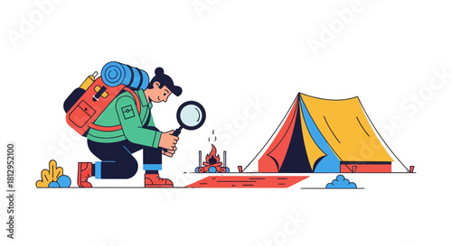 Adventurous Explorer Investigating Outdoors Near Campfire And Camping Tent Adventure