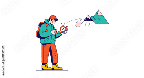 Adventurous Explorer Utilizes Compass to Navigate Mountainous Terrain Against Black Background