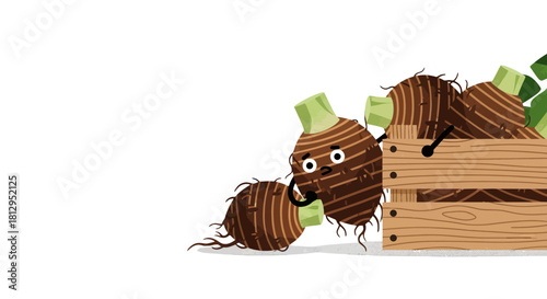 Animated Taro Roots Displayed in Wooden Crate with Expressive Facial Features