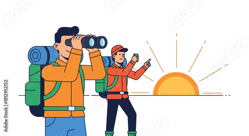 Adventurous Explorers Observing Sunset, Journey, Discovery, Nature, And Togetherness