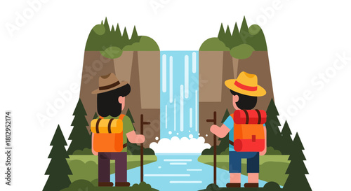 Adventurous Explorers Witnessing the Majestic Waterfall Amidst Lush Green Scenery