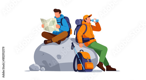 Adventurous Explorers Resting After A Hike, Planning Their Journey with A Map