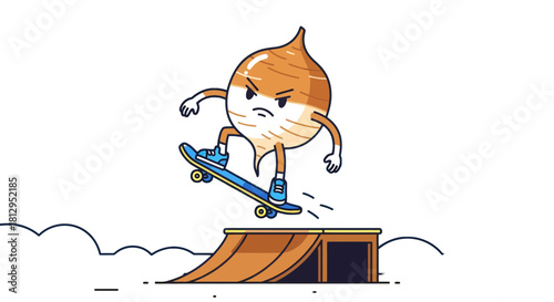 Animated Vegetable Character Performs Skateboarding Trick on Ramp Against Black Background