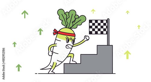 Animated Vegetable Character Reaching The Checkered Flag Represents Victory and Achievement