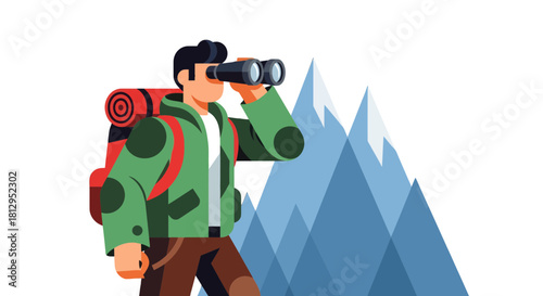 Adventurous Hiker Explores Mountain Peaks With Binoculars, Discovering New Horizons