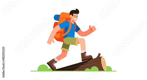 Adventurous Hiker Walking On A Log, Illustration Depicting Hiking And Nature