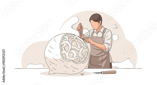 Artisan Crafting Complex Sculpture Using Chisels And A Simple Apron With Elegant Strokes
