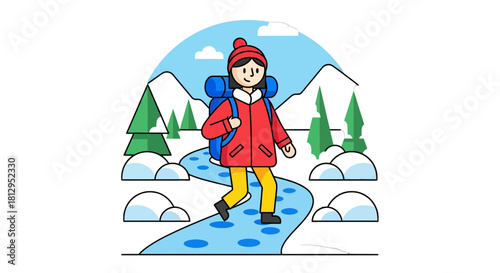 Adventurous Hiker Walking Snowy Path Across Winter Landscape Illustration