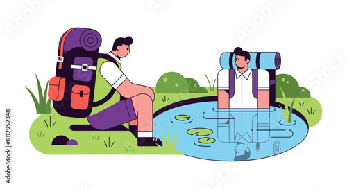 Adventurous Hikers Enjoying Nature's Calmness Next To Peaceful Water Pond