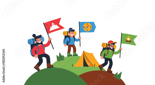 Adventurous Hikers With Flags Exploring The Peaks And Setting Up Campsites Together For Fun