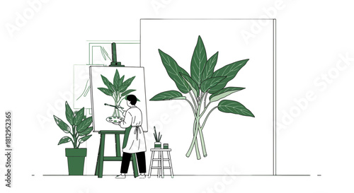Artist Painting Plants in Studio with Artwork Displayed, Botanical Illustration Concept