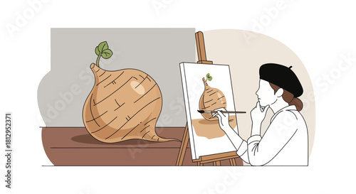 Artist Paints Nature's Still Life Jicama Depiction On Canvas With Intense Focus