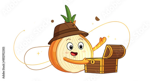 Adventurous Onion Discovering Treasure Chest And Ready For A New Discovery Adventure